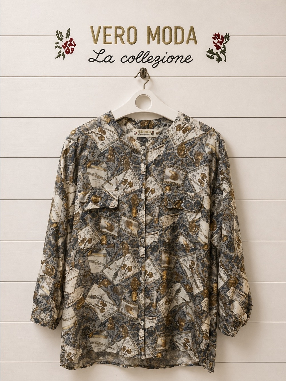 VERO MODA VINTAGE  Grey & Gold Print Blouse – Size M